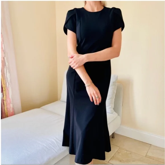 chinese dress ladies Simona Maghen Notch Neck Mermaid Hem Sleeveless Dress Black Ponte 2 / Black
